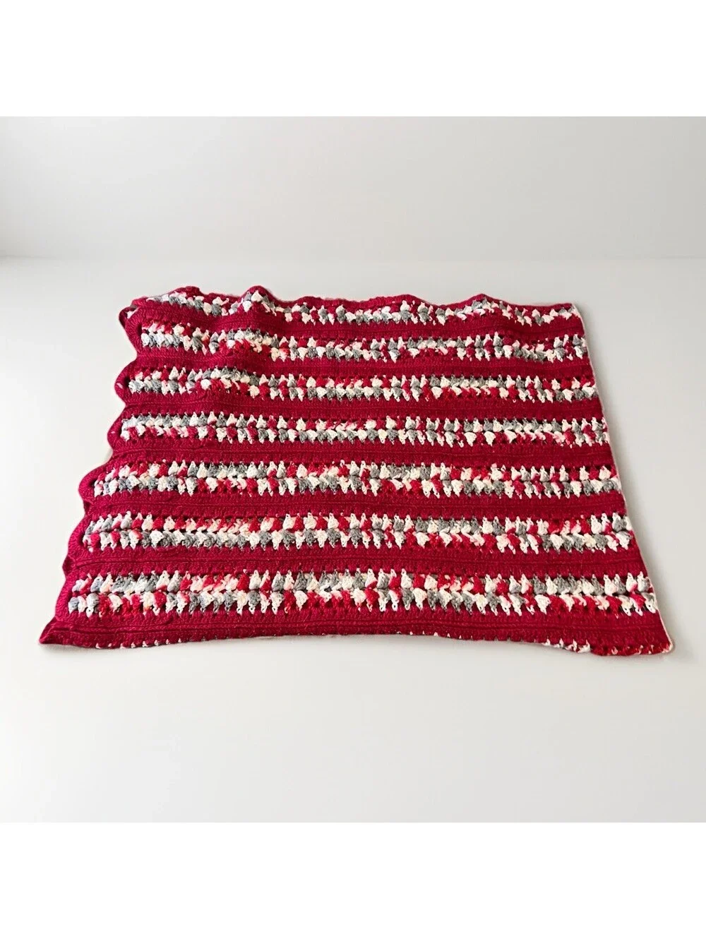 Vintage Handmade Crochet Red /Maroon, White, Gray Afghan 50”X 60”